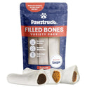 Pawstruck Large 5-6” Filled Dog Bones Variety Pack - Peanut Butter, Cheese & Bacon, Beef Flavors - Made in USA, Long Lasting Stuffed Femur Treat for Aggressive Chewers - Pack of 3, Packaging May Vary