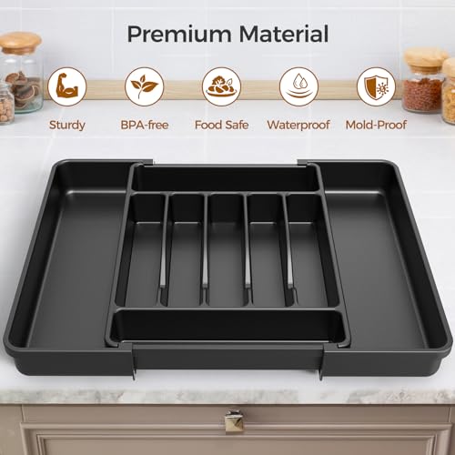 ukeetap Extra Large Expandable Silverware Organizer, BPA-Free Food-Safe Cutlery Flatware Organizer, Kitchen Utensil Drawer Organizer, Adjustable Silverware Holder for Spoons Forks Knives, Black