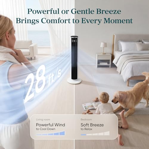 Levoit Tower Fan for Bedroom, 28ft/s Fans that Blow Cold Air, 28dB Quiet | Standing Floor Fan for Room, 90° Oscillating, 5 Speeds 4 Modes & Temp Sensor, Bladeless, 12H Timer, Remoter, 36 inch, White