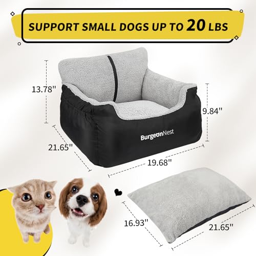 BurgeonNest Dog Car Seat for Small Dogs, Soft Pet Car Travel Home Bed Under 25 lbs, Fully Detachable and Washable Cat Booster Carseats with Storage Pockets and Clip-On Leash Portable Carrier,Black