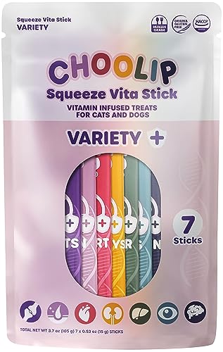 Choolip Squeeze Vita Stick Lickable Cat and Dog Treats - 7-Count Variety Pack - Creamy Puree with Multivitamins for Joints, Skin, Heart, Kidney, Liver, Eyes & Brain - Grain-Free & Vet-Formulated