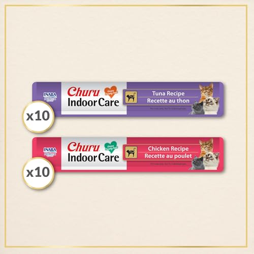 INABA Churu Indoor Care for Hairball Control, Functional Lickable Cat Treat with Taurine & Green Tea Extract, 0.5oz Each, 20 Tubes Total, Tuna & Chicken Variety
