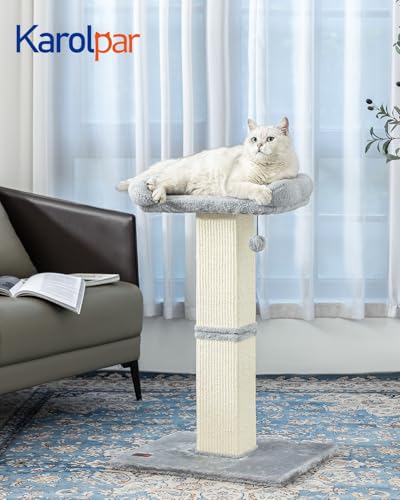 Karolpar 32" Cat Scratching Post for Indoor Cats, Sisal Cat Scratcher with Plush Perch, Large Scratch Post with Bed, Removable Cover, Sisal Fabric,Light Grey