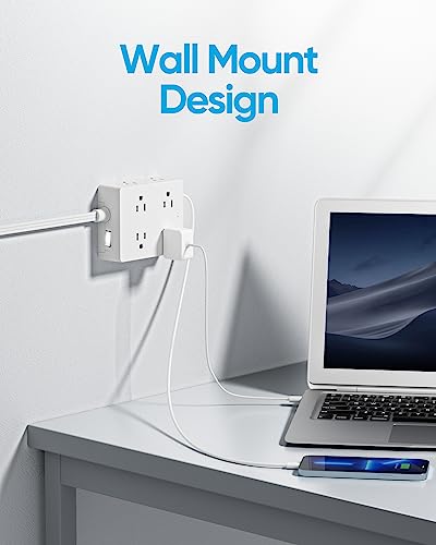 Surge Protector Power Strip 10 ft Cord, Olcorife Ultra Thin Flat Plug Extension Cord, 8 Outlets 4 USB Ports(1 USB C), Flat Plug Outlet Extender, College Dorm Room Essentials, White