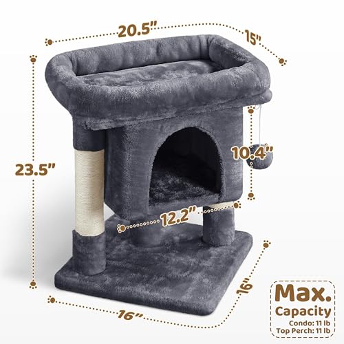 Yaheetech 23.5in Cat Tree – Sturdy & Stable, Space-Saving 3-Level Cat Tower with Plush Perch, Condo, Sisal Scratching Posts & Dangling Ball, Perfect for Apartments, Dark Gray