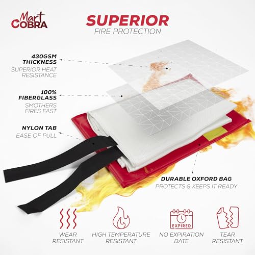 Mart Cobra Fire Blanket 2-Pack – Emergency Fire Suppression for Home & Kitchen – 40"x40" Fireproof Fiberglass Safety Blankets – Heat Resistant & Easy to Use – Smothers Grease & Electrical Fires