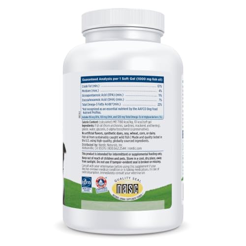 Nordic Naturals Omega-3 Fish Oil for Dogs with EPA + DHA - 180 Count | Easy-to-give soft gel capsules deliver 320 mg omega-3 per serving to support heart, skin, coat, and immune health in dogs
