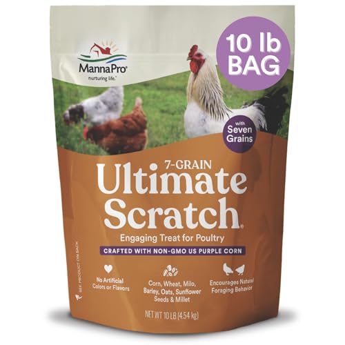 Manna Pro 7-Grain Ultimate Chicken Scratch – Non-GMO Scratch Grain Treat for Chickens, Hens and Other Birds – Natural Multigrain Blend for Poultry and Backyard Flocks – 10 lb Bag