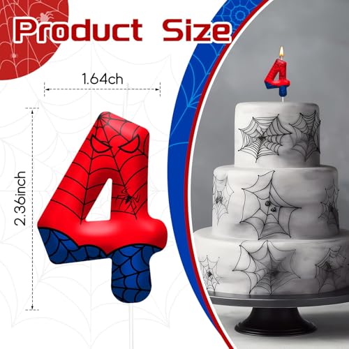 Spider Themed Birthday Candles Number 4 Red Blue Spider Web Themed Cake Topper Candle Party Decoration Birthday Party Celebrations Supplies Favors (Number 4)