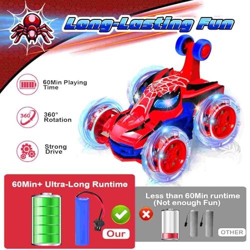 Kids Toys Spider RC Car for Boys 4-7 - Cool Spider Monster Remote Control Crawler Toy 360° Flip Fast Stunt & 4WD Light Up Wheel - Fun Boy Gift Idea for Birthday Chirstmas Stuff Age 3 4 5 6 7 8