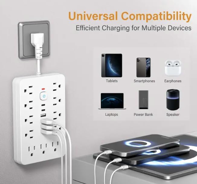 Surge Protector Power Strip,17-in-1, 11 AC Outlets with 4 USB & 2 Type-C Ports, 12-Inch Cord, White, This Compact Powerhouse Delivers Comprehensive Charging Solutions for All Your Devices.