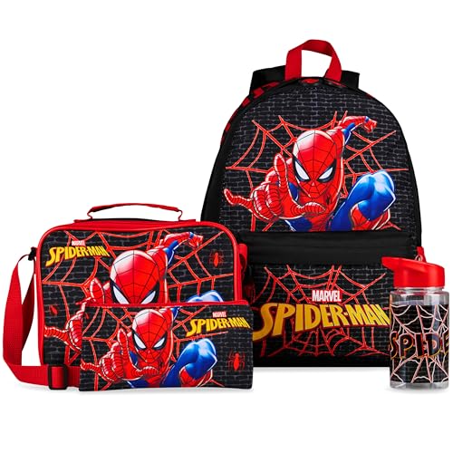 Marvel Spiderman Backpack Lunch Box Water Bottle Pencil Case 4 pc Set for Boys Girls Bookbag Picnic Backpacks Gifts for Kids