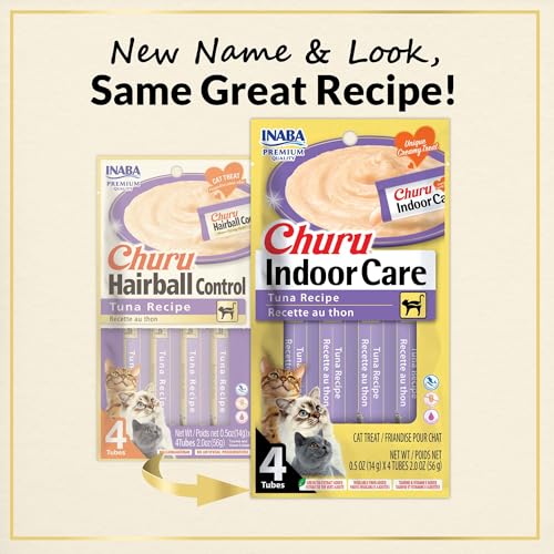 INABA Churu Indoor Care for Hairball Control, Functional Lickable Cat Treat with Taurine & Green Tea Extract, 0.5oz Each, 24 Tubes Total, Tuna Recipe