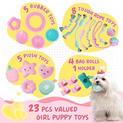 XIUGOAL Pink Puppy Toys for Boredom - 23 Pack Puppy Chew Toys for Teething, Interactive Dog Toys for Puppies, Cute Small Dog Toys with Treat Ball, Squeaky Dog Chew Toys and Ropes