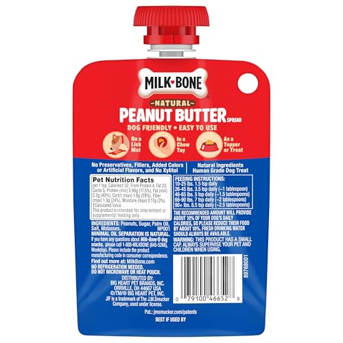 Milk-Bone Natural Peanut Butter Spread with Jif, Lickable Dog Treats in a Squeezable Pouch, 5 Oz. (Pack of 4)