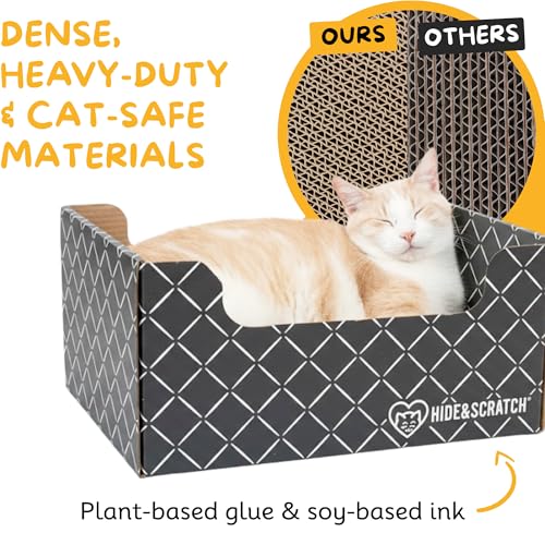 Hide & Scratch Cardboard Cat Scratcher Box & Bed - Dark Grey Diamond | Double-Sided Corrugated Pad for Indoor Cats | Refillable Scratching Board Toy for Play & Furniture Protection