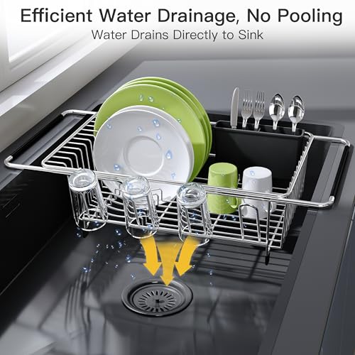 JASIWAY Dish Drying Rack in Sink, Expandable Stainless Steel Dish Drainers for Kitchen Counter, Dish Dryer Rack for Inside Sink, Over The Sink Dish Racks with Utensil Holder, Silver