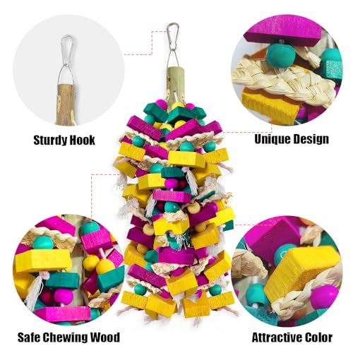 Large Bird Toys, Multi-Color Wooden Block with Bamboo Support Bird Chewing Toy Parrot Cage Bite Toy for Macaws Cokatoos African Grey and Large Medium Parrot Birds