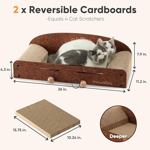 FUKUMARU 26 Inch Cat Scratcher Bed, 2 Reversible Cardboard Cat Scratch Pads Refill for Indoor Cats, Durable Large Cats Scratching Bed Sofa Couch Lounger with Fun Toys, Furniture Protector, Caramel