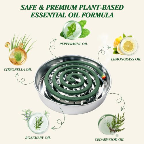 Natural Essential Oil Scented Coils for Outdoor Patio & Backyard, Fresh Long-Lasting Aroma, Each Coil Burns 5–7 Hours, Includes 80 Coils, 4 Holders & 8 Stands