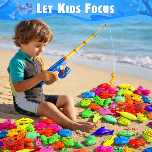 CozyBomB™ Magnetic Fishing Toys Game Set for Kids | Water Table Bathtub Kiddie Pool Party Pole Rod Net, Outdoor Plastic Floating Fish, Toddler Bath Color Ocean Sea Animals Birthday Gift Age 3-5 6 4-8