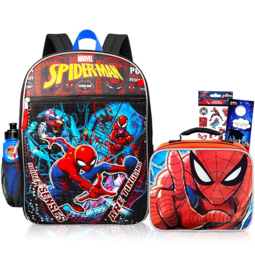 Marvel Spiderman Backpack with Lunch Box Set - Spiderman Backpack for Boys 4-6, Spiderman Lunch Box, Water Bottle, Stickers, More | Spiderman Backpack for Kids