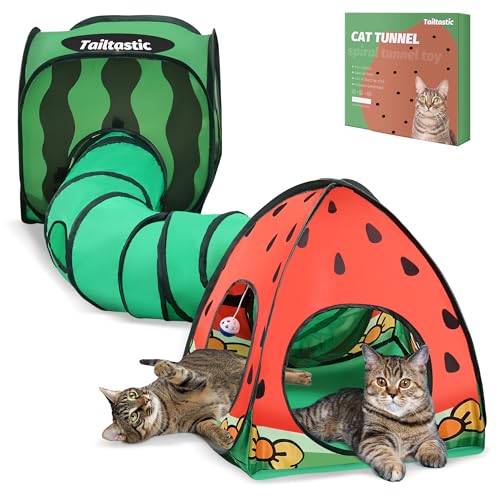 Tailtastic 3-in-1 Watermelon Cat Play Tunnel with Pop-Up Cube & Triangle Cat Tent, Interactive Toy Ball & Foldable Design - Easy Magic Tape Assembly Tunnels for Indoor Cats