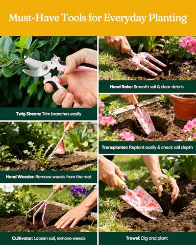 Grenebo 12-Piece Womens Gardening Tools Gift Set, Rust-Proof & Heavy-Duty Garden Tools with Durable Carrying Case, Fashionable & Thoughtful Gardening Gifts for Women&Men (Pink)