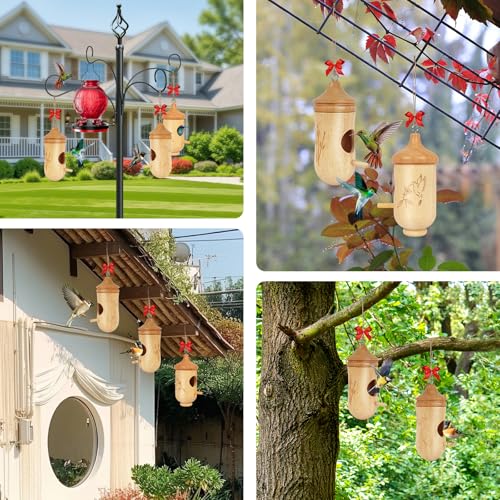 Hummingbird House, Small Hummingbird Houses for Outside | Wooden Bird House with Bow, String, Cute Gardening Gifts Home Decoration