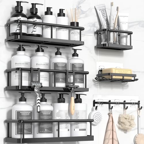 YASONIC Shower Caddy Adhesive, 100% Rustproof Shower Organizer with Soap Holder, 6 Pack Large Capacity shower Shelves for Inside Shower, No Drilling Bathroom Organizers and Storage for Home Decor