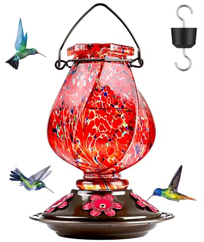 BOLITE Hummingbird Feeder, Hand Blown Glass Hummingbird Feeders for Outdoors Hanging with Ant Moat, 5 Bee-Proof Ports, Leak-Proof, 360° Perch, 22oz, Red, Gifts for Women Men, Gifts for Mom Dad