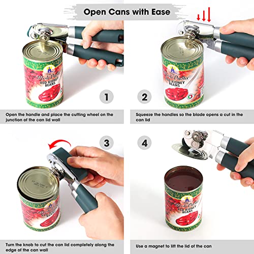 Beneno Heavy Duty Hand Can Opener Manual with Magnet, Durable Sharp Carbon Steel Blade Smooth Cutting, Big Effort-Saving Knob & Soft Grip Handle, Multifunctional Kitchen Tool with Bottle Opener, Green