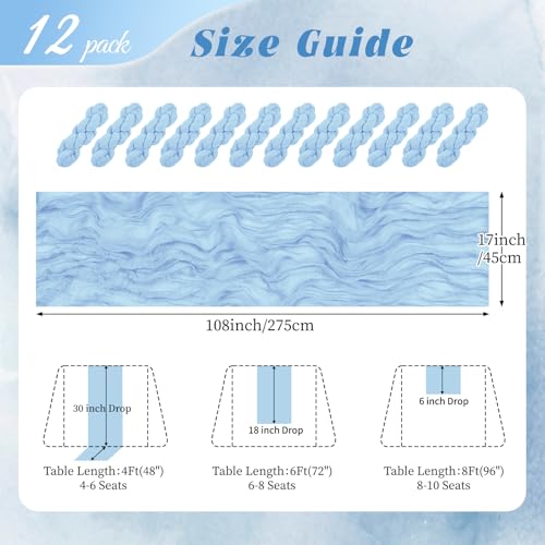 12 Pack Baby Blue Cheesecloth Table Runner 17x108 Inch Semi Sheer Boho Gauze Cheese Cloth Fabric Table Runners, for Wedding Party Baby Shower Birthday Home Decor Garden Farmhouse