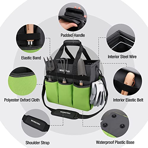 WORKPRO Garden Tool Bag, 10 Pockets and Shoulder Strap, Green | Heavy Duty Gardening Organizer Tote Bag, Standable Garden Tool Organizer (Tools not Included)