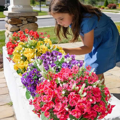 16 Bundles UV Resistant Silk Artificial Outdoor Flowers for Window Box | Mixed Color Realistic Anti-Fade Faux Flowers for Outside Planters,Garden,Porch,Patio,Yard,Home Decor(Purple&Hot Pink)