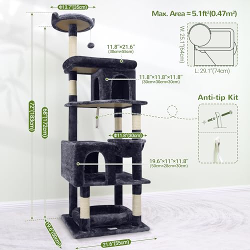 Globlazer Heavy Duty Cat Trees for Large Cats, Sturdy 72in Maine Coon Cat Tree for Large Cats 20 lbs+ Heavy Duty Cat Tower for Adult Biggest Cat with 6 Scratching Posts, Hammock, S72, Dark Gray