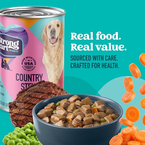 A Strong Heart Wet Dog Food Cans, Country Beef Stew with Peas & Carrots — Stew-Style Cuts, All Life Stages, Complete & Balanced, Made in USA, 13.2 oz (Pack of 12)
