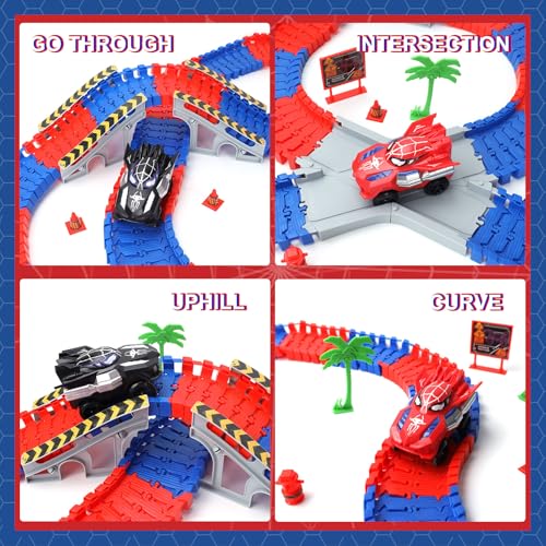 Spider Hero Monster Truck Toys for 3 4 5 6 7 8 9 Year Old Boys Girls: Race Track Set with 2 Spider Cars Electric Vehicle Kids Toys Gift for Boys Girls Age 3-9 Years Birthday Presents（212PCS）