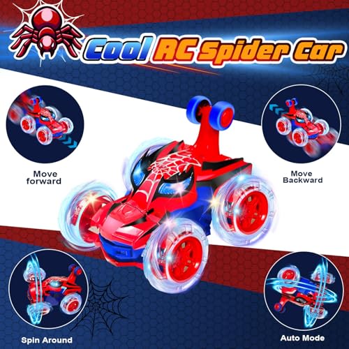 Kids Toys Spider RC Car for Boys 4-7 - Cool Spider Monster Remote Control Crawler Toy 360° Flip Fast Stunt & 4WD Light Up Wheel - Fun Boy Gift Idea for Birthday Chirstmas Stuff Age 3 4 5 6 7 8