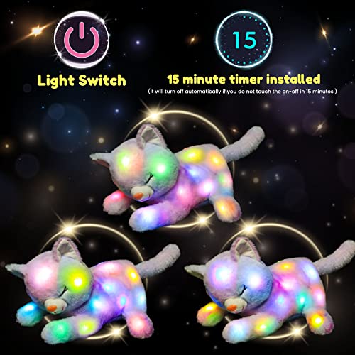Hopearl LED Plush Cat Lighting Up Stuffed Mommy Cat with 3 Baby Kittens in her Tummy Stuffed Animal Playset Night Lights Glow in The Dark for Mom Kids Toddler Girls, Rainbow, 18''