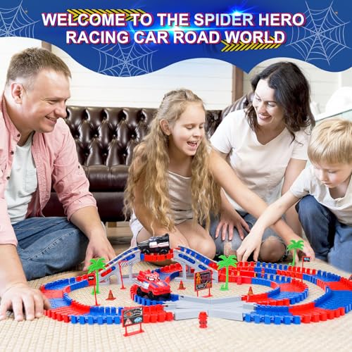 Spider Hero Monster Truck Toys for 3 4 5 6 7 8 9 Year Old Boys Girls: Race Track Set with 2 Spider Cars Electric Vehicle Kids Toys Gift for Boys Girls Age 3-9 Years Birthday Presents（212PCS）