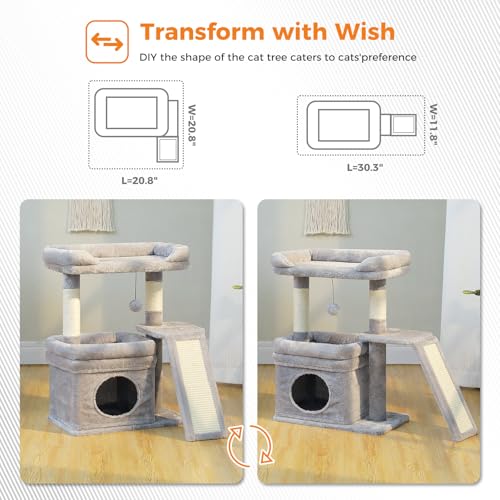 PEQULTI Small Cat Tree Tower for Large Adult Cats with Wide Top Perch, Private Cat Condo and Sisal Scratching Post&Pad for Indoor Cats, Gray