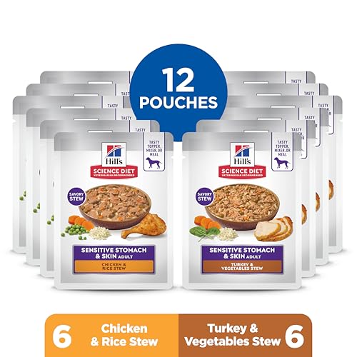 Hill's Science Diet Sensitive Stomach & Skin, Adult 1-6, Stomach & Skin Sensitivity Support, Wet Dog Food, Variety Pack: Chicken, Turkey Stew, 2.8 oz Pouch, Case of 12