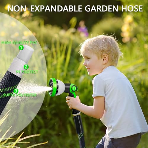 Junredy Garden Hose 25 FT, NON-EXPANDABLE Heavy-Duty Flexible & Lightweight Water Hose with 10-Function Nozzle, No-Kink, Leak-Proof Super Fabric, Solid Fittings for Lawn, Car, Outdoor (Black Green)