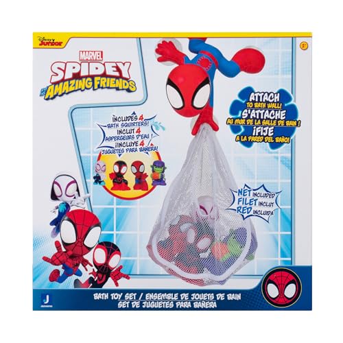 Marvel Spidey and His Amazing Friends Bath Toy Set - Spidey Wall Mount with Web Net and Four Bath Squirters