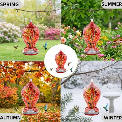 WOSIBO Hummingbird Feeder for Outdoors Patio Large 32 Ounces Colorful Hand Blown Glass Hummingbird Feeder with Ant Moat Hanging Hook, Rope, Brush and Service Card (RED-Firework)