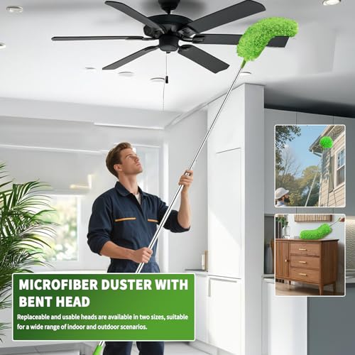 Cobweb Duster with Extension Pole, Washable Cleaning Duster Set with 2 Duster Heads, Corner Brush, 15-110-Inch Telescoping Pole for high Ceiling Fans, Long Duster for high Ceilings，Spider Web Brush