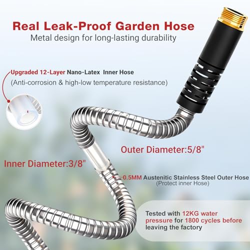 Lefree 100ft Metal Garden Hose - Heavy Duty 304 Stainless Steel Flexible Water Hose, No Kinks & Leak-Proof with Upgraded Handle, 10-Function Spray Nozzle & 4 Spare Gaskets for Yard, RV, Pet Bath