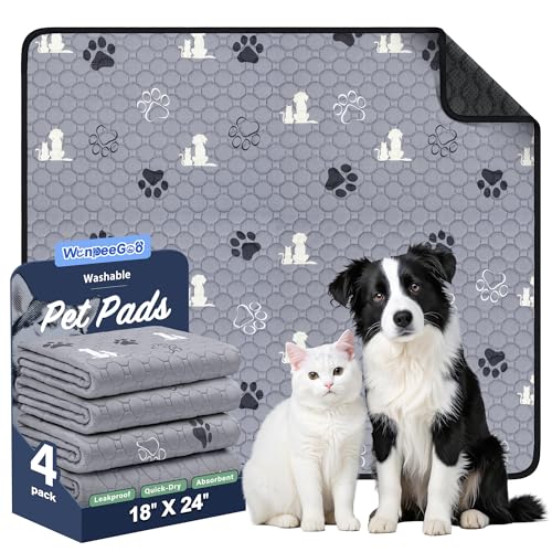 WanpeeGoo Washable Pee Pads for Dogs, 4 Pack Absorbent Reusable Training Dog Pads Pet Puppy Pads, Non-Slip Potty Pads for Whelping, Playpen, Crate, Bed, Grey 18"x24"