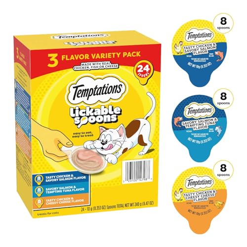Temptations Lickable Spoons, Soft Lickable Cat Treats, Adult Wet Cat Treats, Variety Pack, 24 Spoons